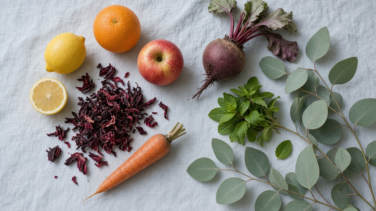 Citron, gingembre, thym, hibiscus, betterave et autres plantes des mélanges