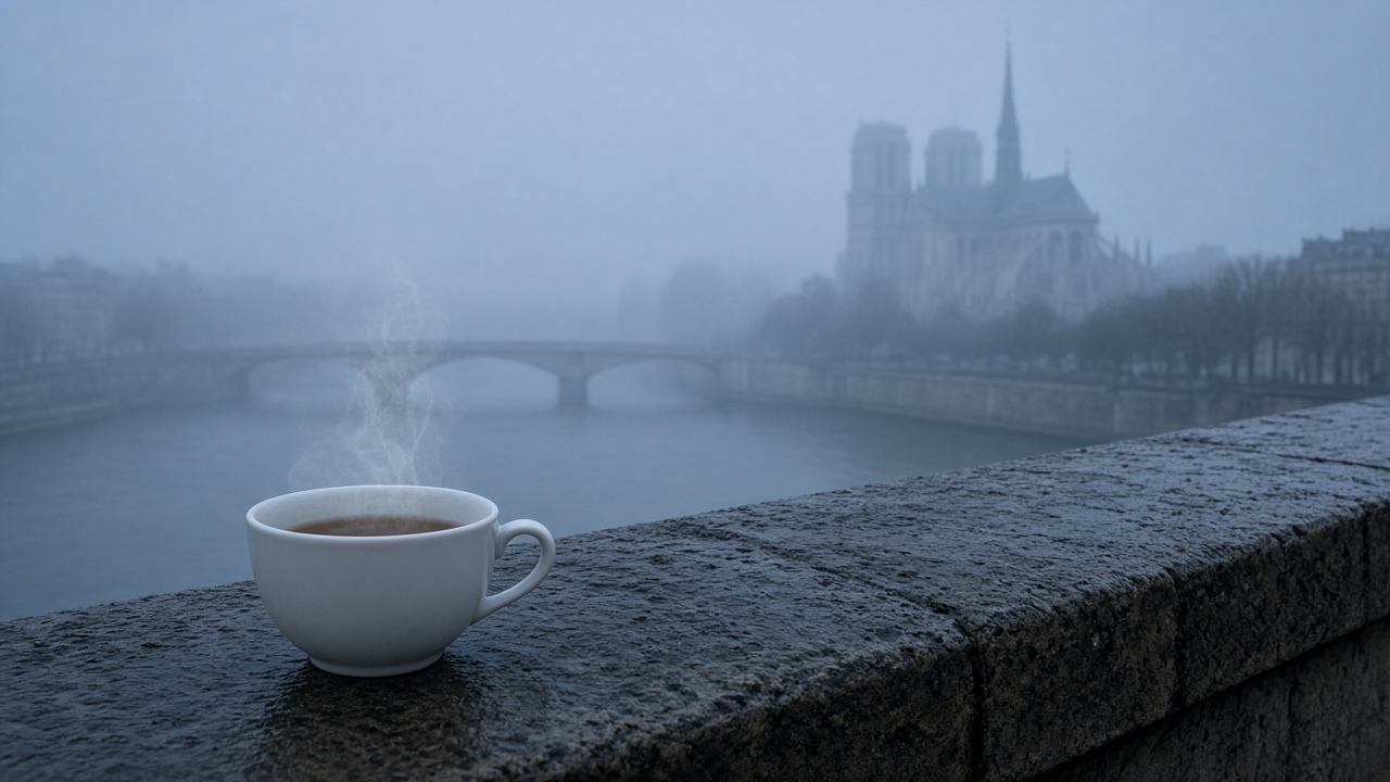 Terrasse au matin brumeux à Rouen, avec une tasse d’infusion fumante