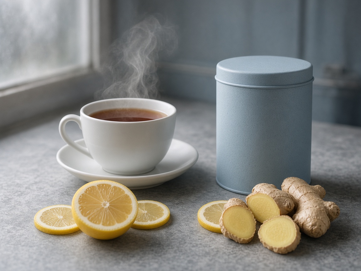 Infusion citron-gingembre près d’une tasse fumante