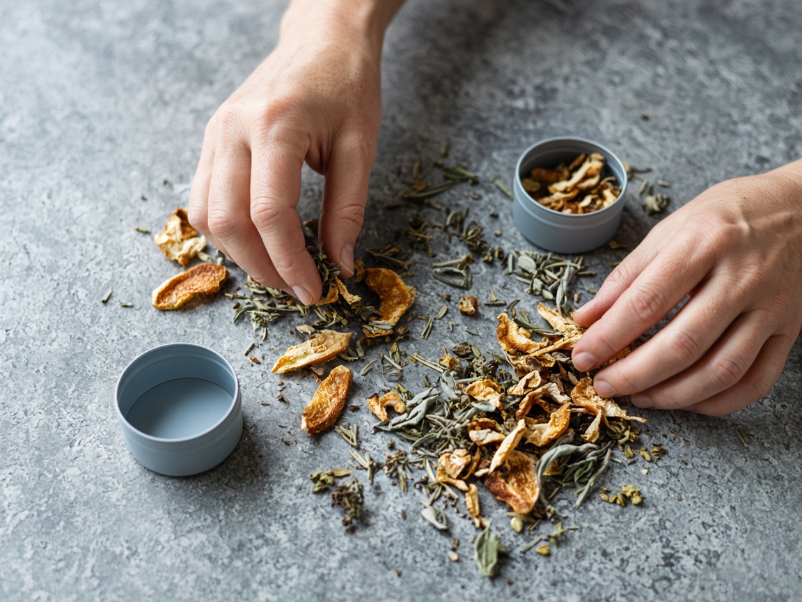Mains préparant de l’écorce d’agrumes et des herbes séchées sur une table en bois